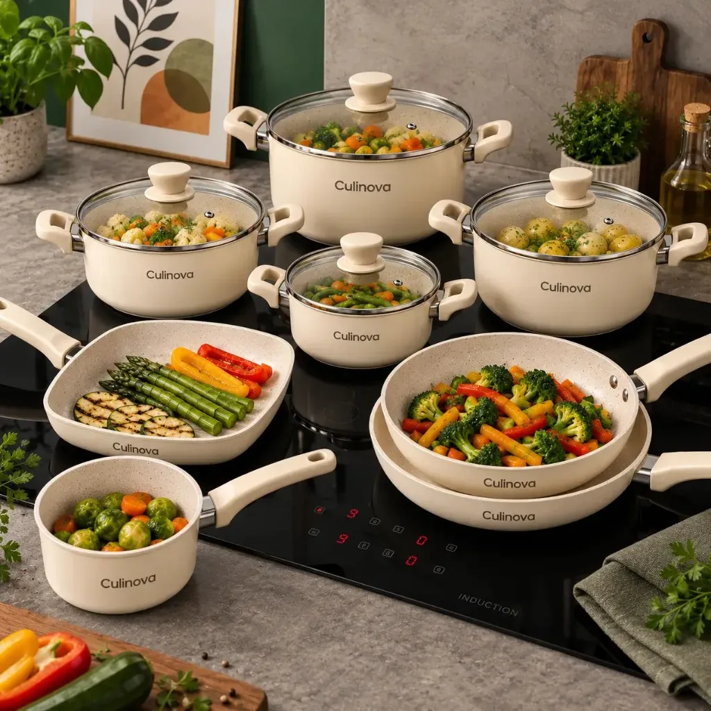 Culinova cookware set on induction cooktop with fresh vegetables