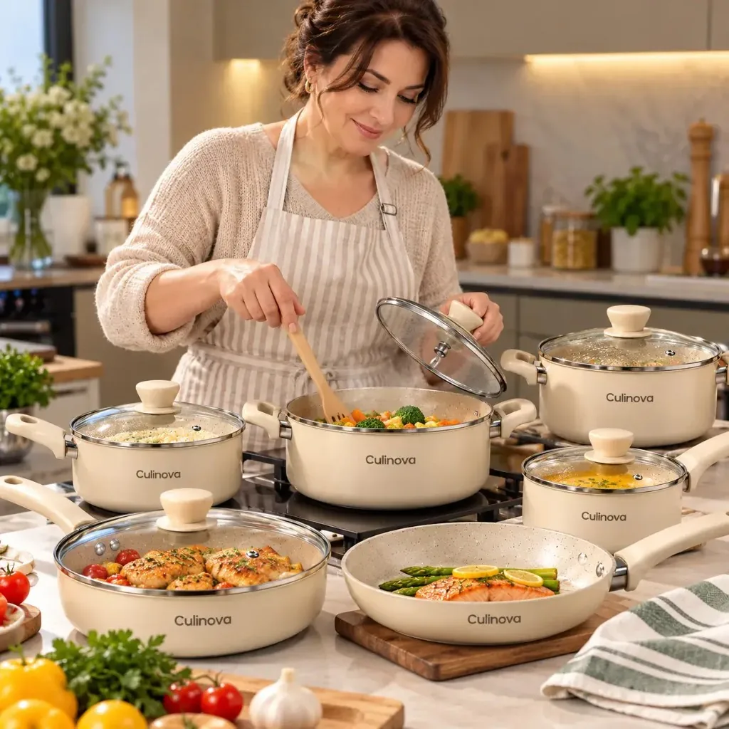 Woman cooking at home with Culinova cream stone cookware