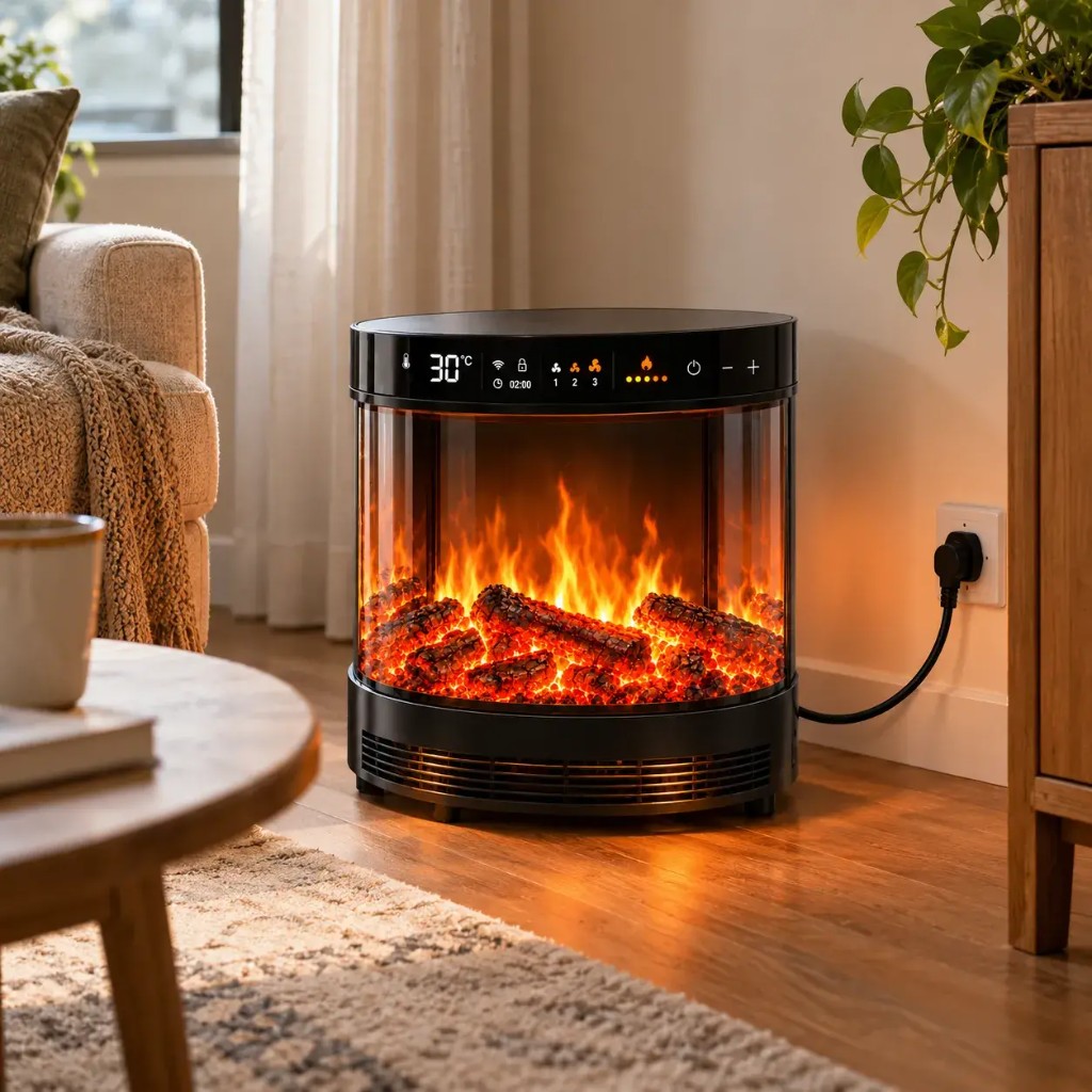 Velvion electric fireplace in a bright living room with warm flame glow