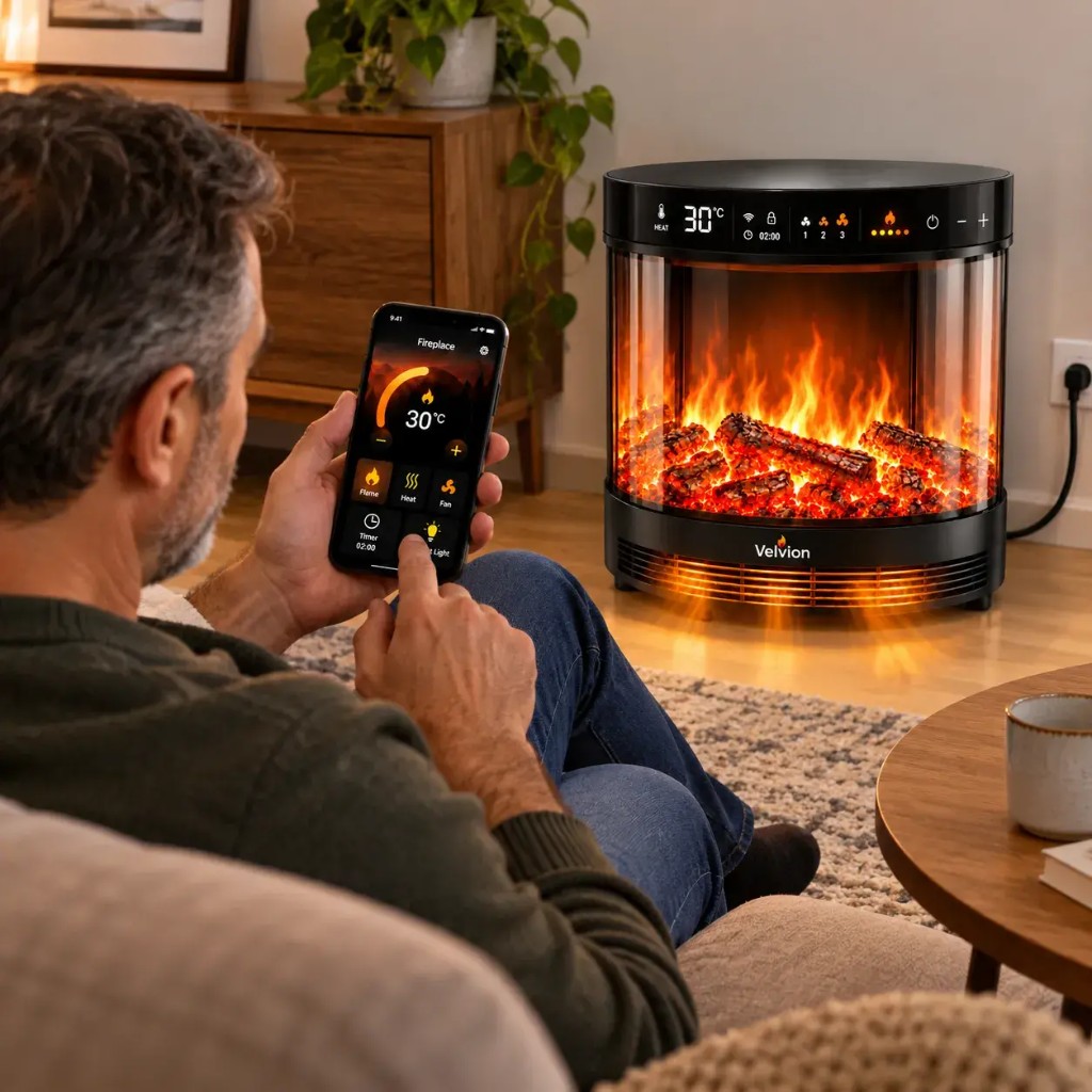 Man using the Fireplace app to control Velvion heat and flame