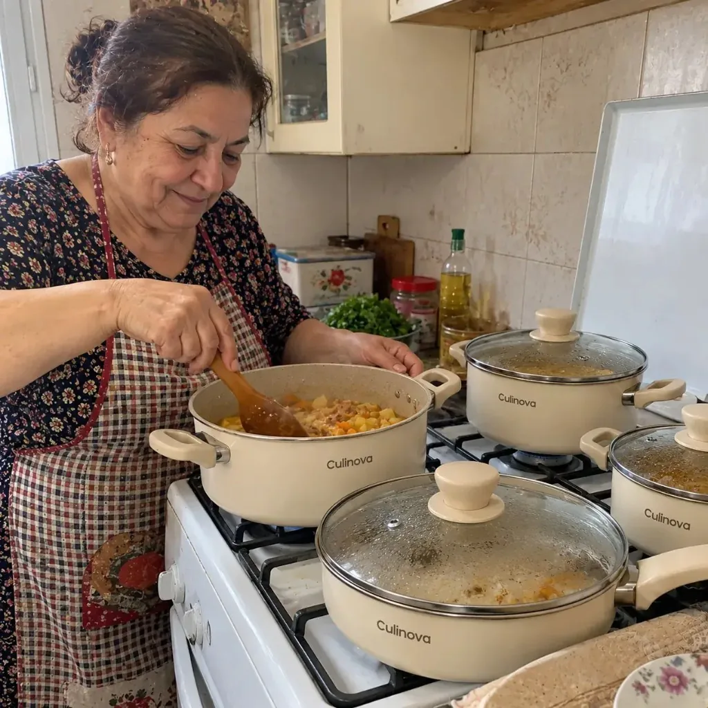 Culinova customer cooking with the cream stone cookware set at home