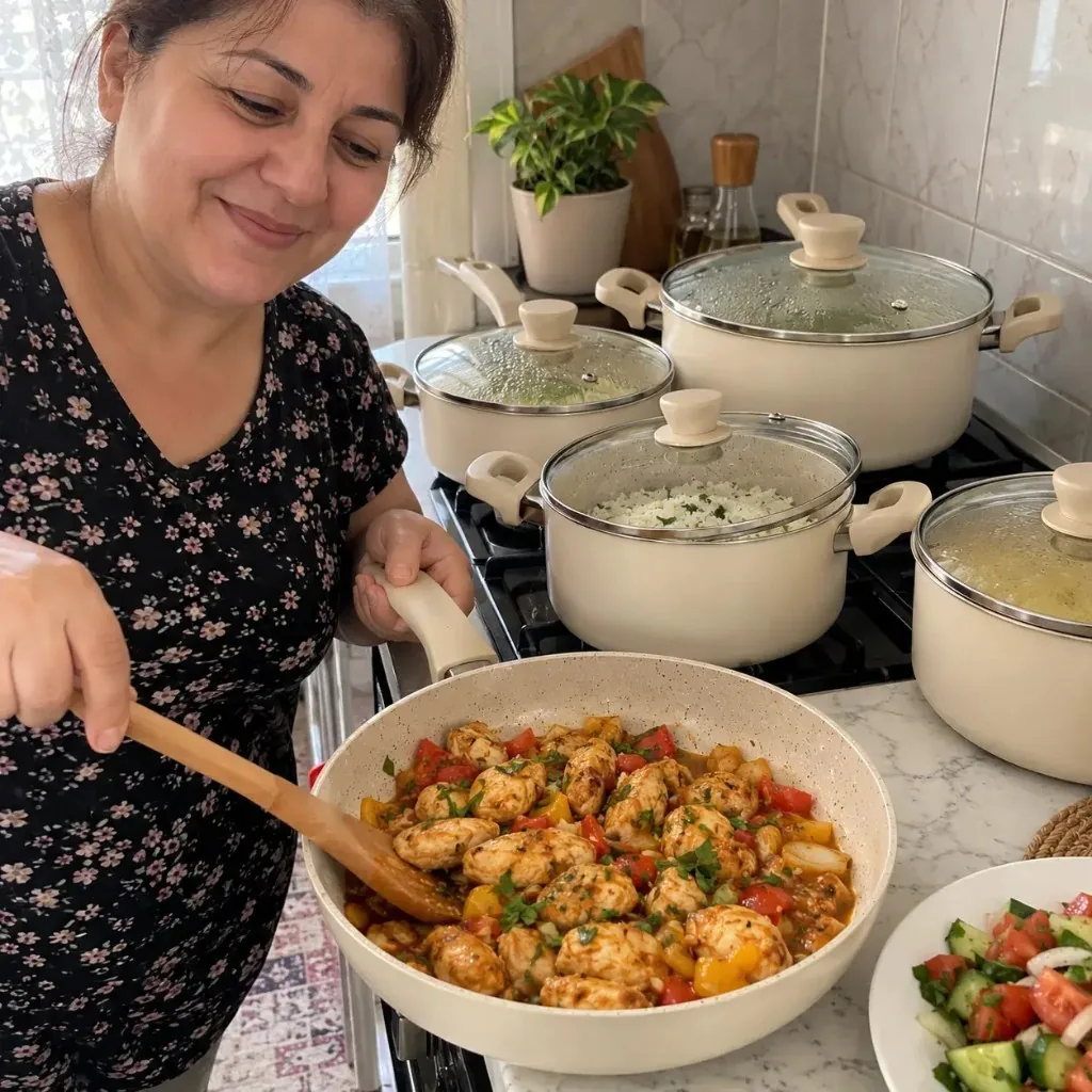 Culinova customer cooking with cream stone cookware set at home