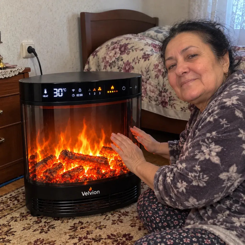 Woman warming her hands in front of Velvion in the bedroom